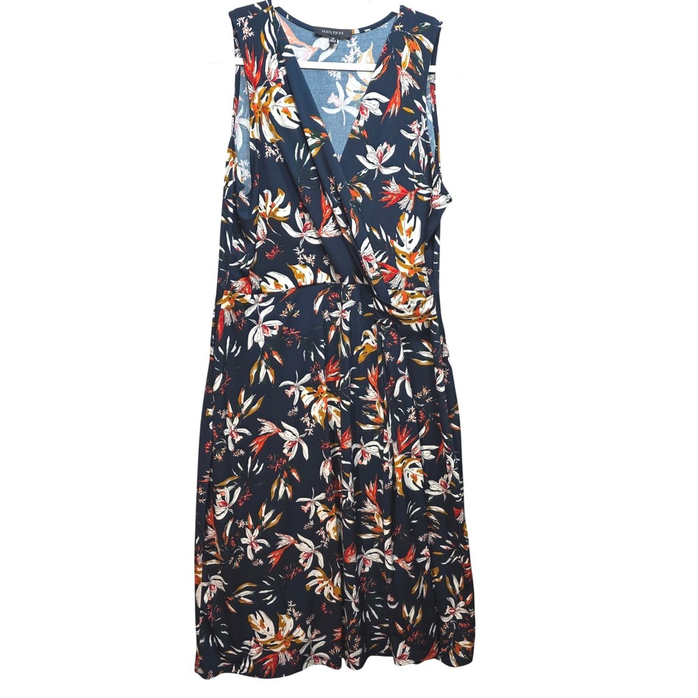 HaiL3y:23 Faux Wrap Midi Dress Womens 1X Tropical Floral Blue Multicolor Office